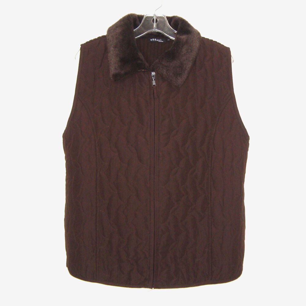 Effeci Woman Chocolate Brown Quilted Front Zip Up Sweater Vest Faux Fur Collar